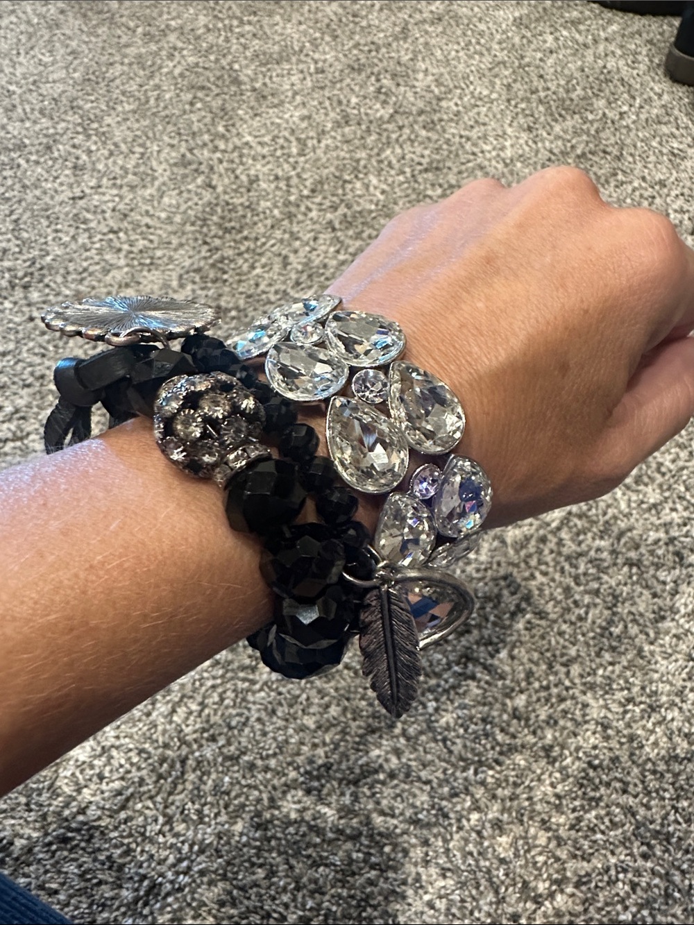 Sparkling Chunky Crystal & Black Beaded Charm Bracelet Set